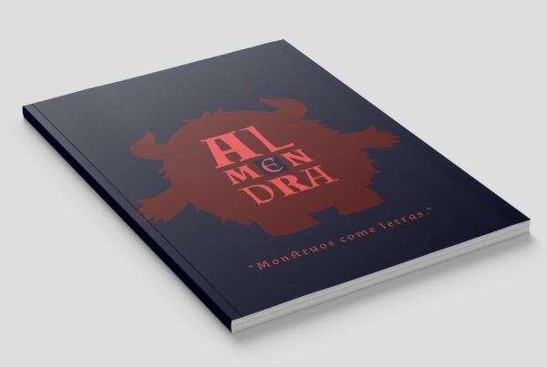 Libro tipográfico de la tipografía Almendra, diseñado por Sofía Roldán Mesa, con ilustraciones de monstruos.