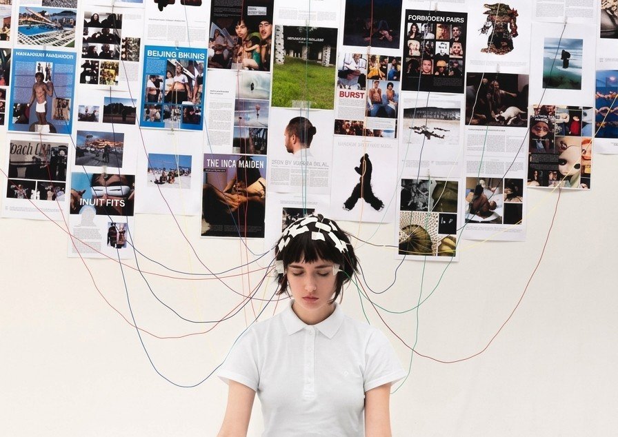 Persona con cables en su cabeza pegados a una pared con imagenes.